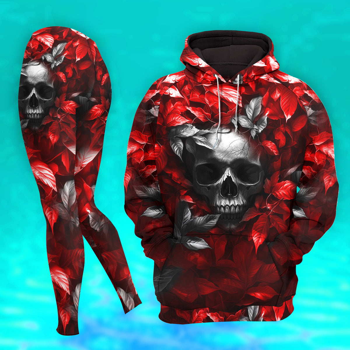 Women Hoodie and Leggings, Red Leaf Skull Grunge Outwear Pants Outfit