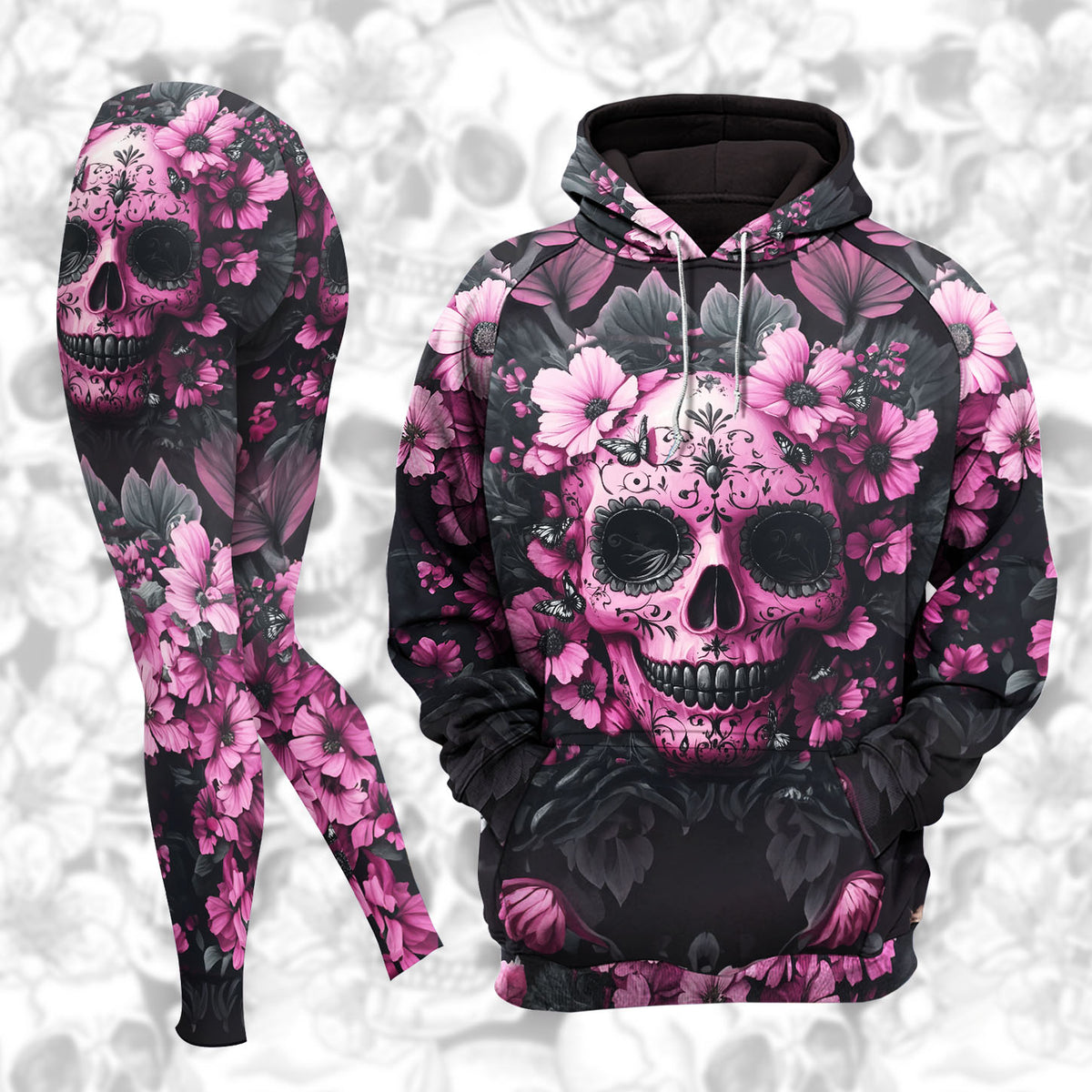 Women Hoodie and Leggings, Pink Skull Flower Outwear Pants Outfit