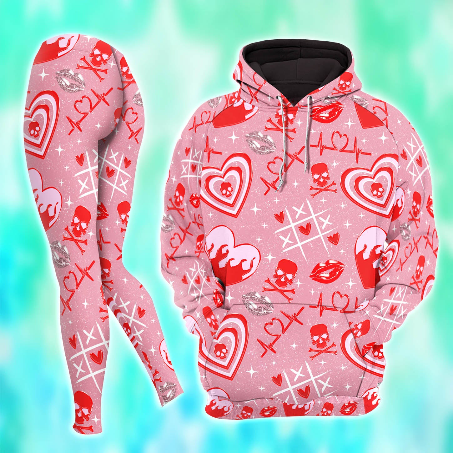 Red Skull Heart Pattern Combo Hoodie and Leggings - Dark and edgy matching set with skull designs for a unique and stylish look