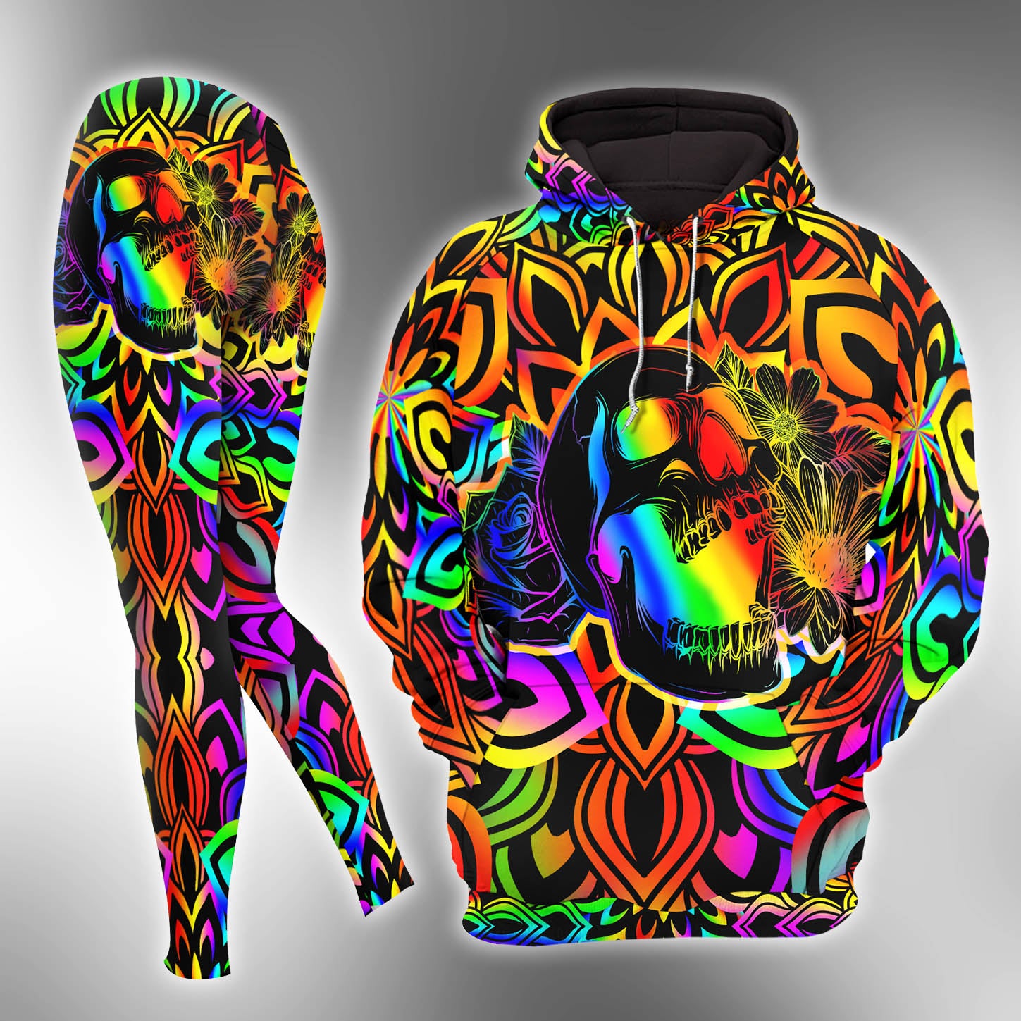 Colorful Skull Flower Mandala Combo Hoodie and Leggings - Dark and edgy matching set with skull designs for a unique and stylish look