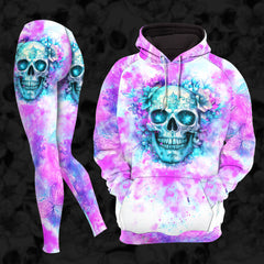 Women Hoodie and Leggings, Pink Blue Skull Art Outwear Pants Outfit