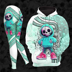 Women Hoodie and Leggings, Cyan Skeleton Artwork Outwear Pants Outfit