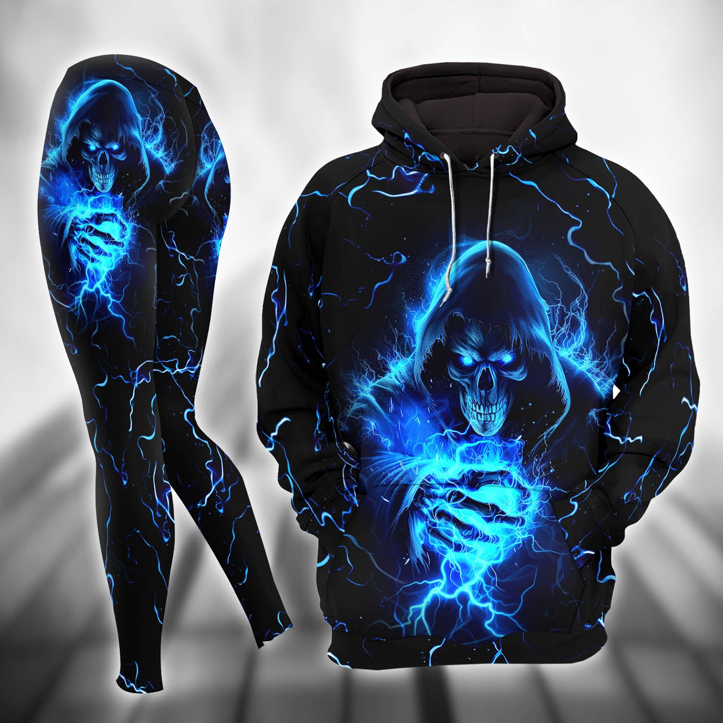 Thunder Grim Reaper Art Combo Hoodie and Leggings - Dark and edgy matching set with skull designs for a unique and stylish look