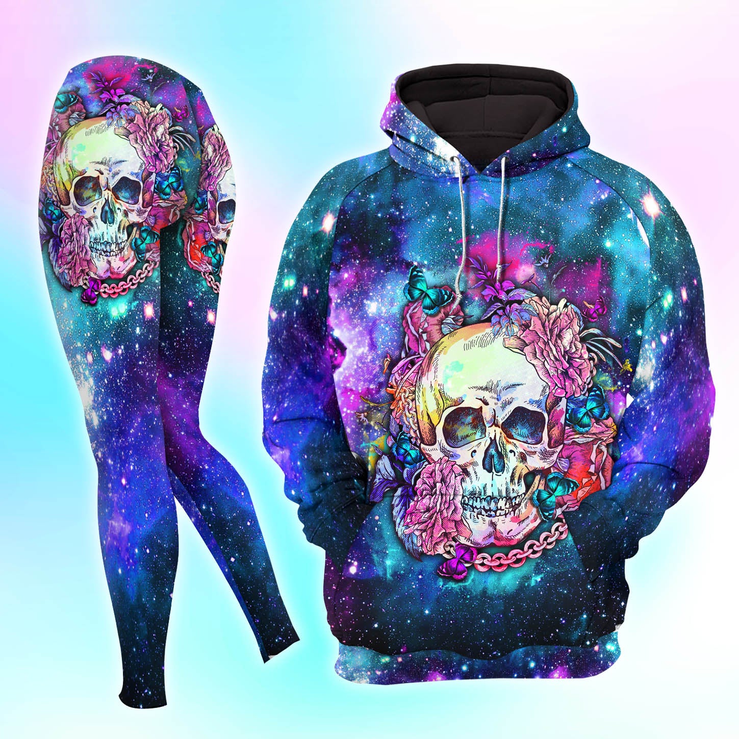 Galaxy Skull Butterfly Flower Combo Hoodie and Leggings - Dark and edgy matching set with skull designs for a unique and stylish look