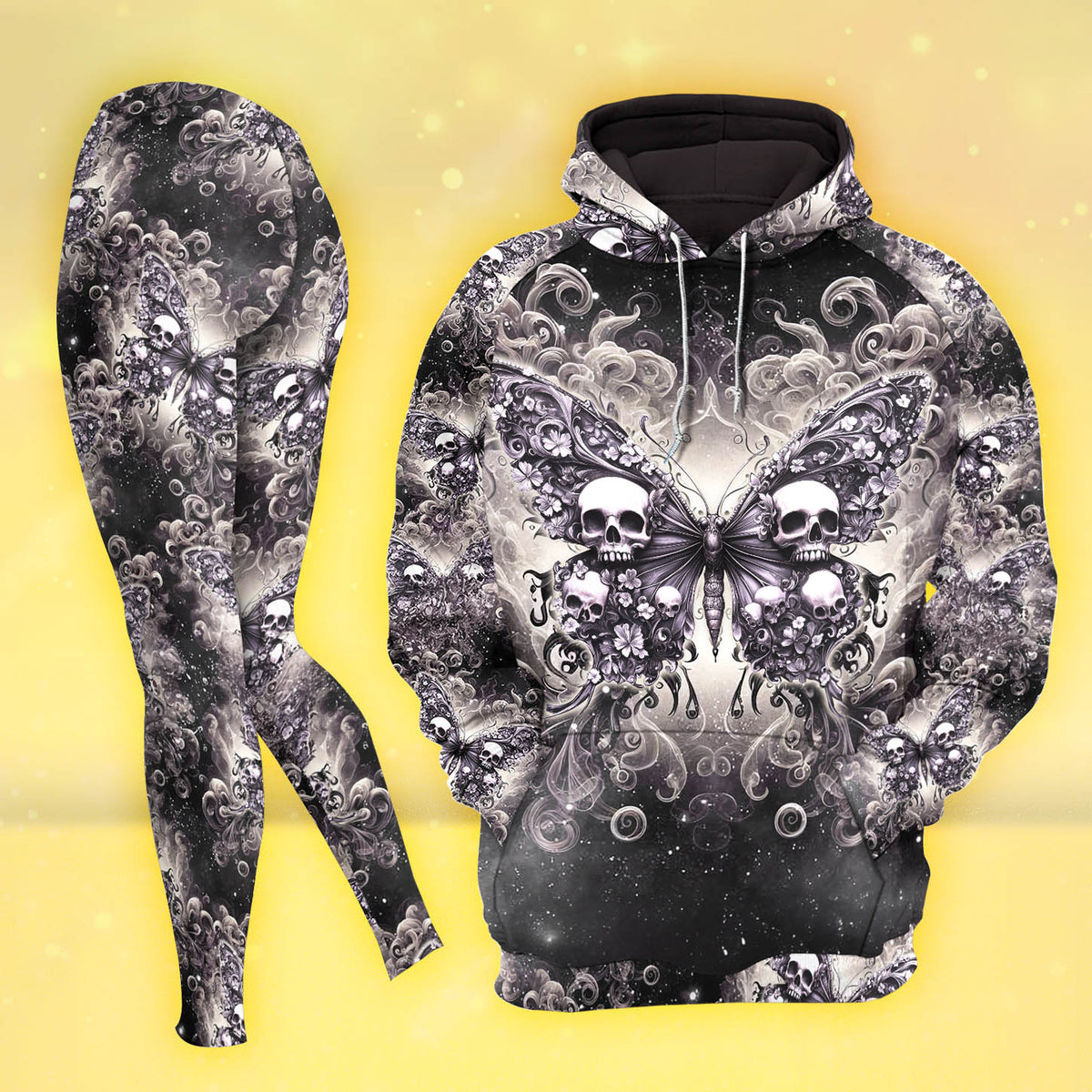 Women Hoodie and Leggings, Galaxy Butterfly Skull Art Outwear Pants Outfit