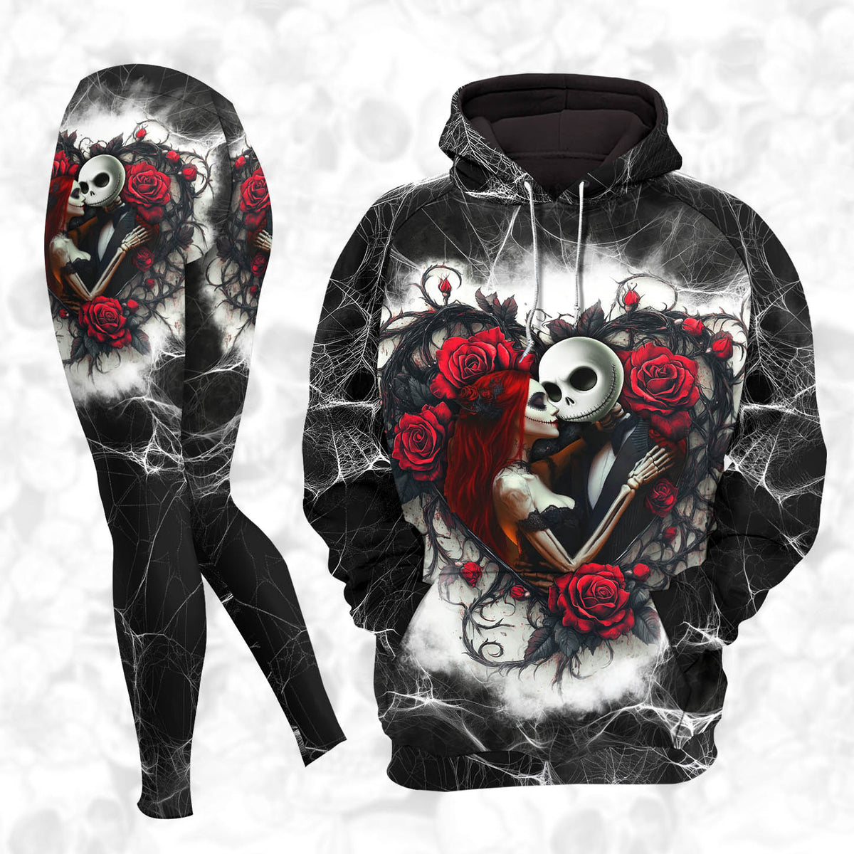 Women Hoodie and Leggings, Couple Skeleton Rose Outwear Pants Outfit