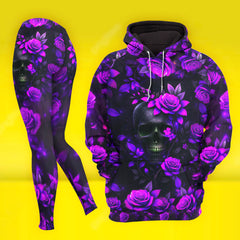 Women Hoodie and Leggings, Violet Skull Midnight Blossom Outwear Pants Outfit