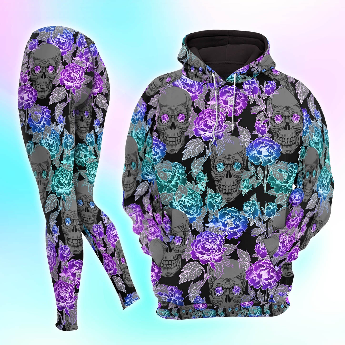 Galaxy Skull Flower Pattern Combo Hoodie and Leggings - Dark and edgy matching set with skull designs for a unique and stylish look