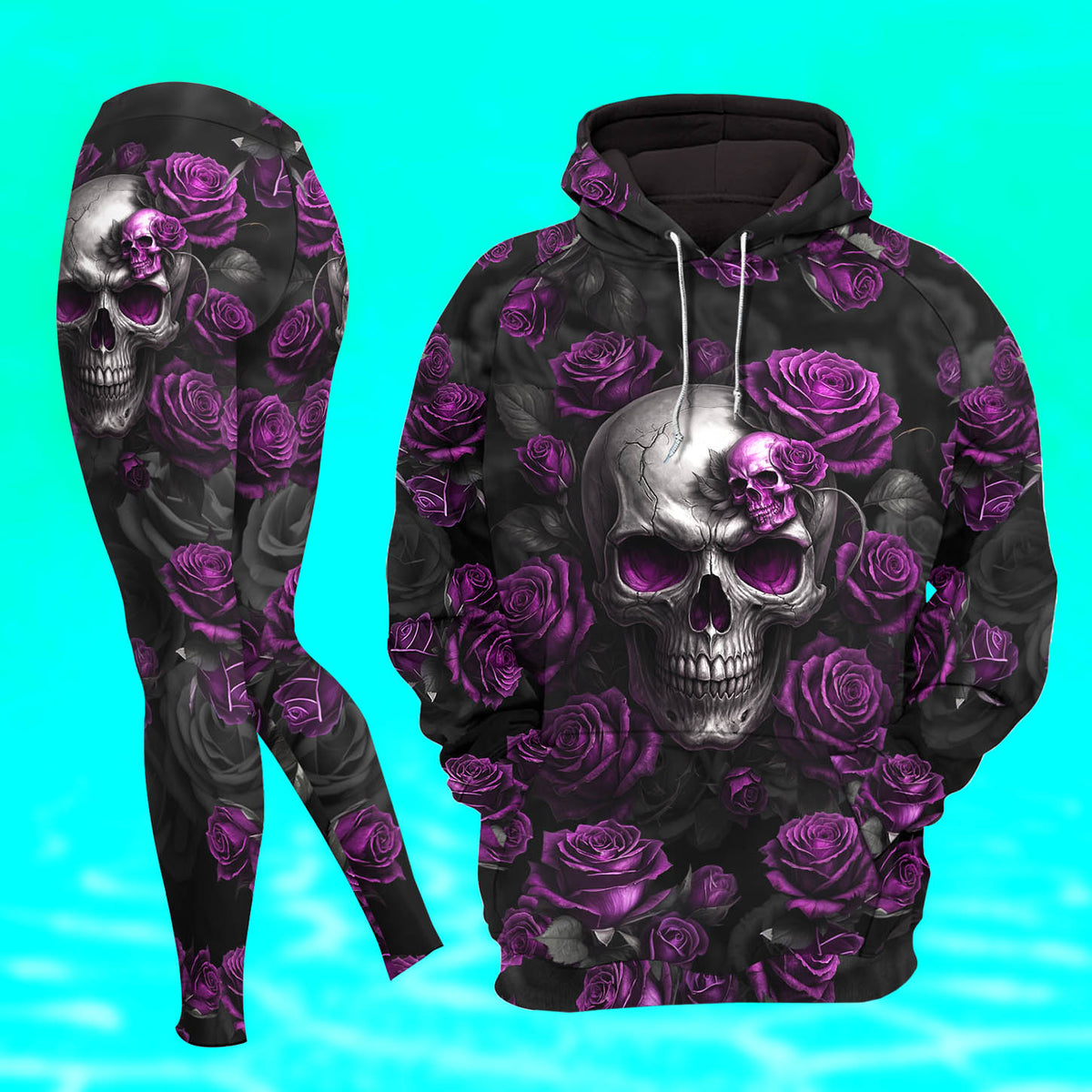 Women Hoodie and Leggings, Violet Scary Skull Rose Outwear Pants Outfit
