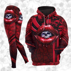 Women Hoodie and Leggings, Red Skull Lip Gothic Outwear Pants Outfit