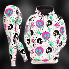 Pastel Skull Melt Pattern Combo Hoodie and Leggings - Dark and edgy matching set with skull designs for a unique and stylish look