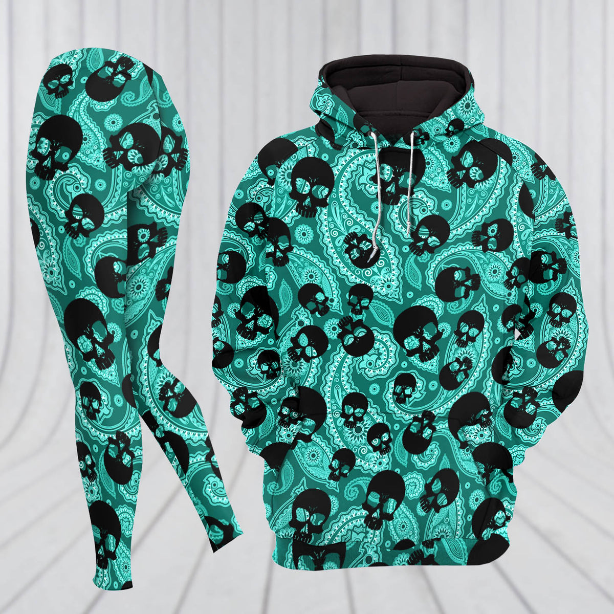 Women Hoodie and Leggings, Cyan Pattern Skull Outwear Pants Outfit