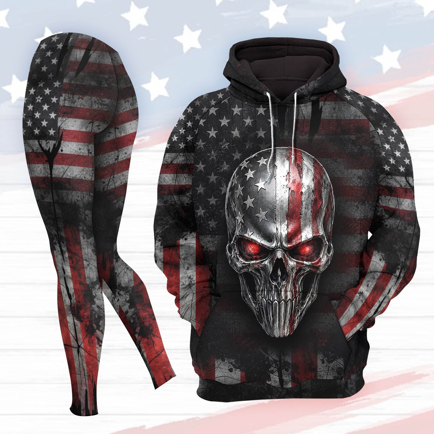 Women Hoodie and Leggings, Shadow Patriot Metallic Skull Outwear Pants Outfit