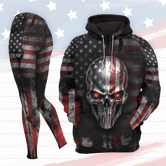Women Hoodie and Leggings, Shadow Patriot Metallic Skull Outwear Pants Outfit