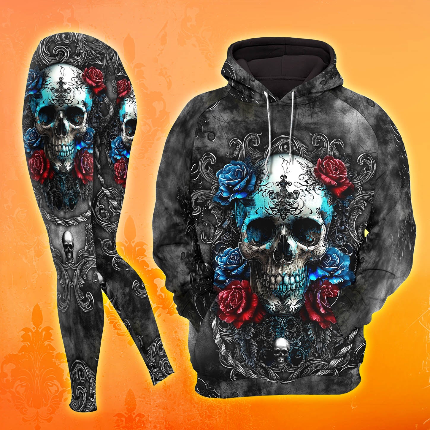 Watercolor Skull Rose Floral Combo Hoodie and Leggings - Dark and edgy matching set with skull designs for a unique and stylish look