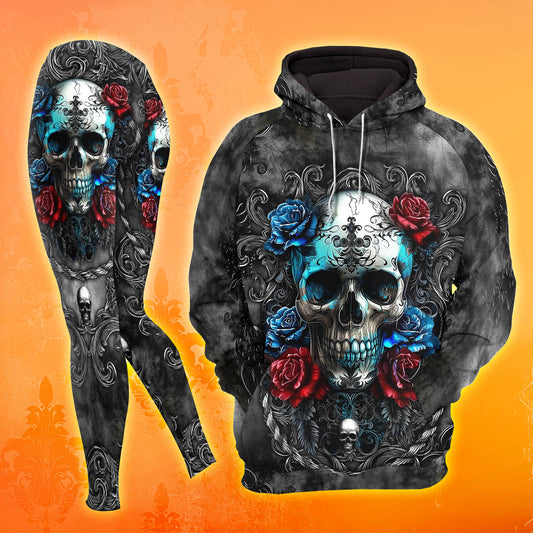 Watercolor Skull Rose Floral Combo Hoodie and Leggings - Dark and edgy matching set with skull designs for a unique and stylish look