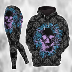 Purple Dark Skull Rose Combo Hoodie and Leggings - Dark and edgy matching set with skull designs for a unique and stylish look