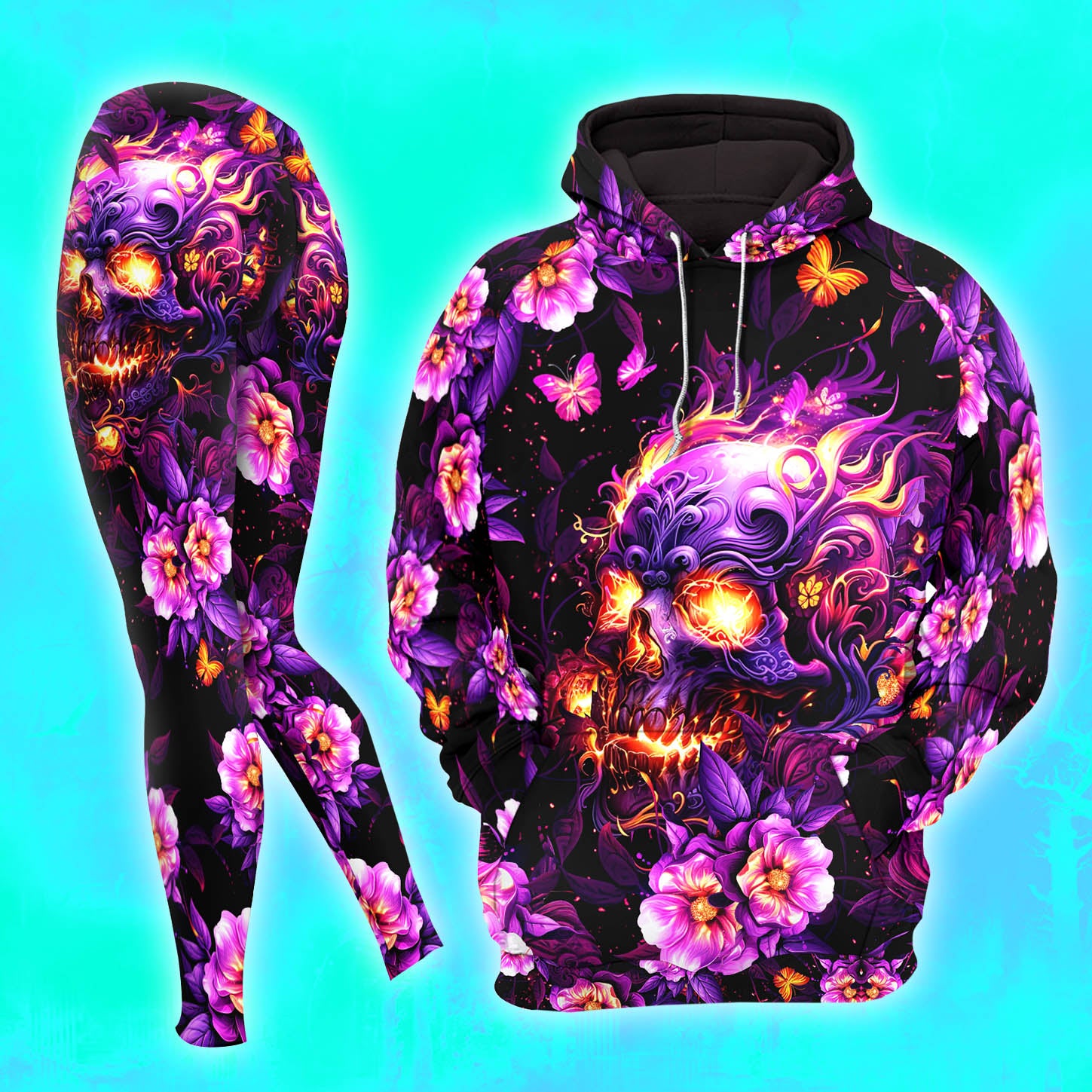 Pink Skull Rose Fire Combo Hoodie and Leggings - Dark and edgy matching set with skull designs for a unique and stylish look