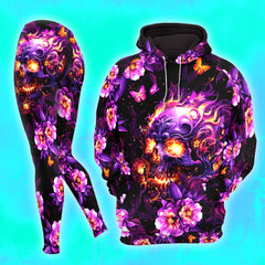 Pink Skull Rose Fire Combo Hoodie and Leggings - Dark and edgy matching set with skull designs for a unique and stylish look