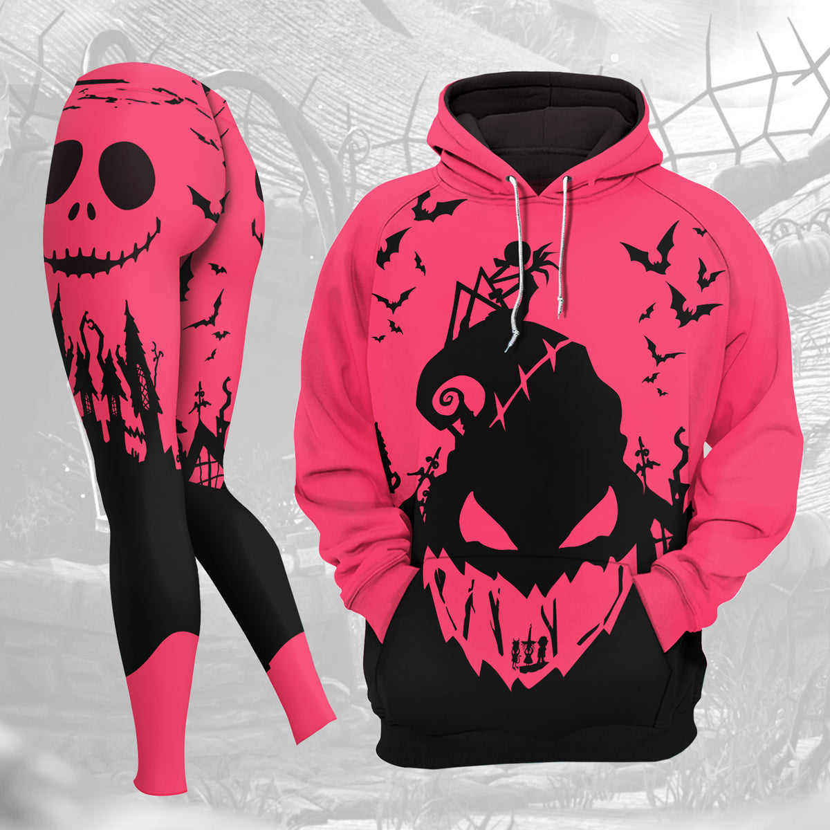 Women Hoodie and Leggings, Pink Cartoon Art Outwear Pants Outfit