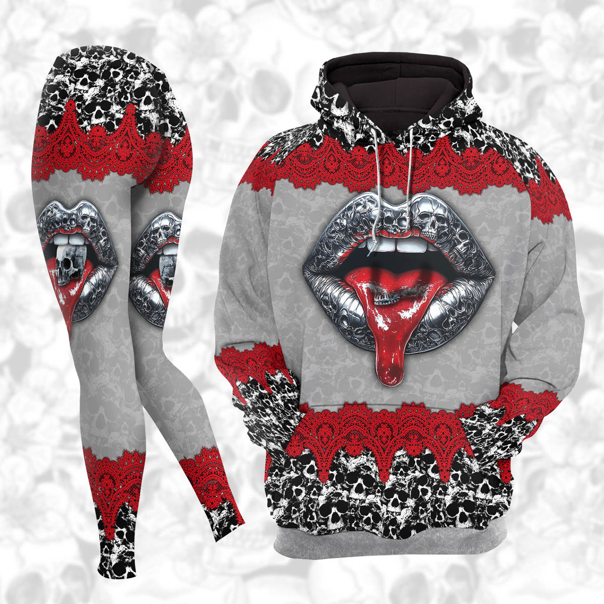 Women Hoodie and Leggings, Metal Red Skull Lip Outwear Pants Outfit