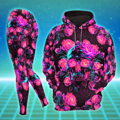 Pink Neon Skull Rose Combo Hoodie and Leggings - Dark and edgy matching set with skull designs for a unique and stylish look