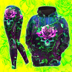 Women Hoodie and Leggings, Green Skull Thorns Art Outwear Pants Outfit