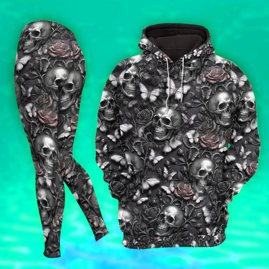 Women Hoodie and Leggings, Ashen Bloom Skull Pattern Outwear Pants Outfit