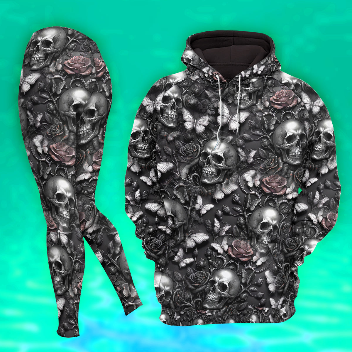 Women Hoodie and Leggings, Ashen Bloom Skull Pattern Outwear Pants Outfit