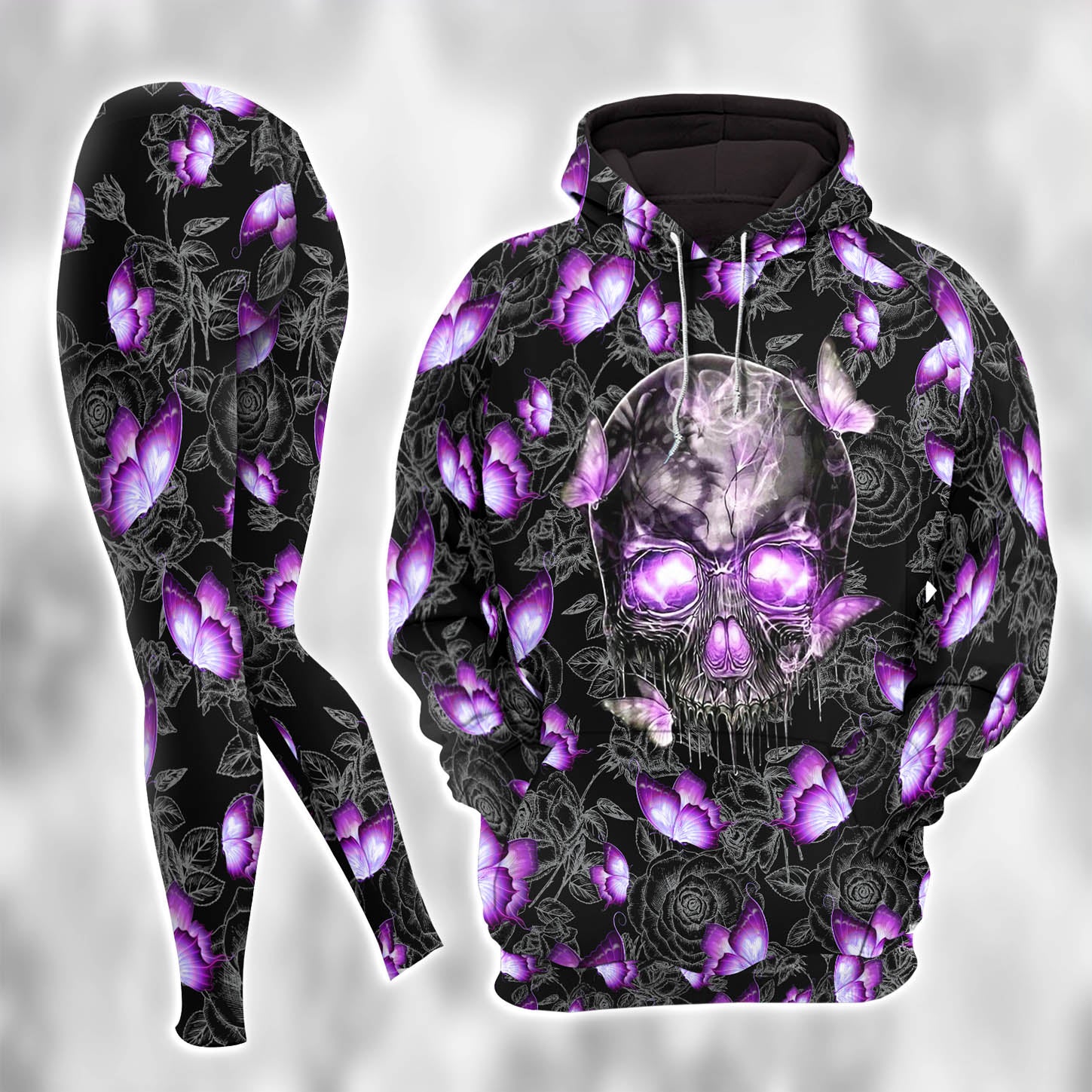 Purple Butterfly Skull Rose Combo Hoodie and Leggings - Dark and edgy matching set with skull designs for a unique and stylish look