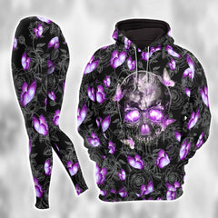 Purple Butterfly Skull Rose Combo Hoodie and Leggings - Dark and edgy matching set with skull designs for a unique and stylish look