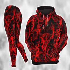 Red Skull Fire Pattern Combo Hoodie and Leggings - Dark and edgy matching set with skull designs for a unique and stylish look