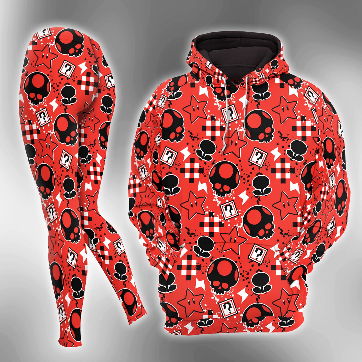 Red Skull Game Pattern Combo Hoodie and Leggings - Dark and edgy matching set with skull designs for a unique and stylish look