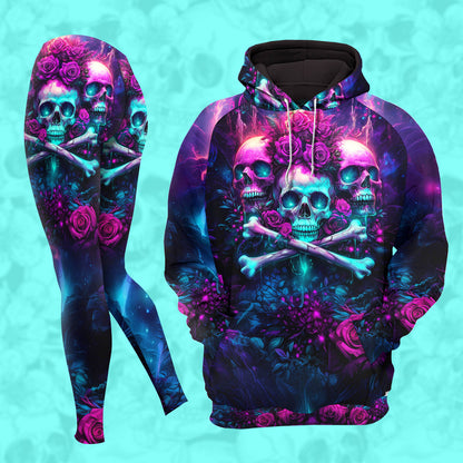 Women Hoodie and Leggings, Neon Skull Rose Outwear Pants Outfit