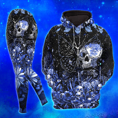 Women Hoodie and Leggings, Blue Butterfly Skull Art Outwear Pants Outfit