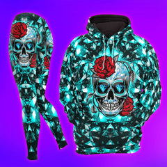 Cyan Kaleidoscope Skull Rose Combo Hoodie and Leggings - Dark and edgy matching set with skull designs for a unique and stylish look