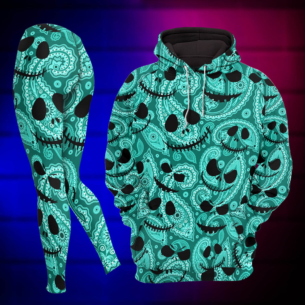 Women Hoodie and Leggings, Cyan Paisley Face Outwear Pants Outfit