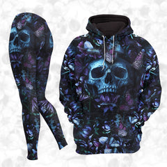 Women Hoodie and Leggings, Purple Mushroom Skull Outwear Pants Outfit