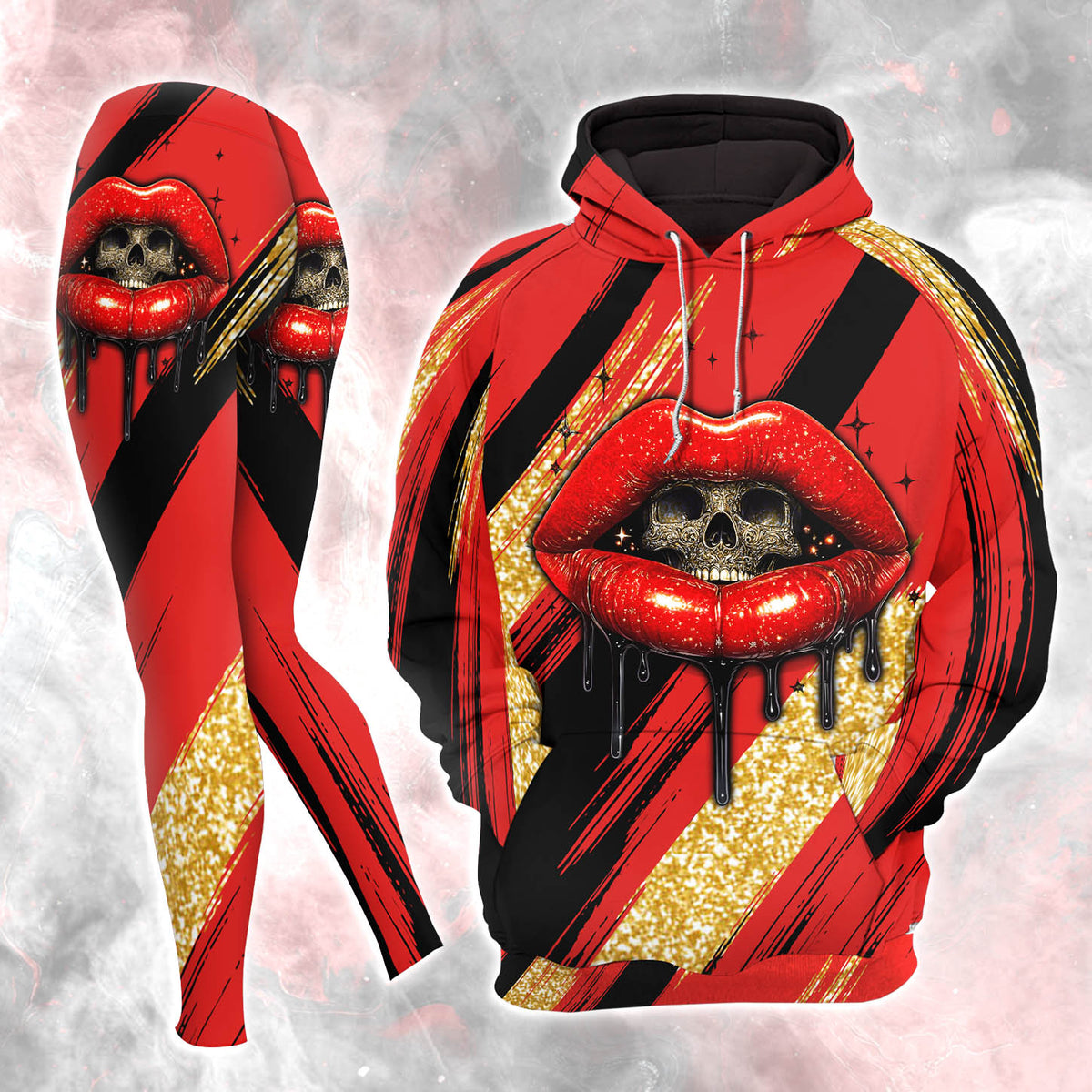 Women Hoodie and Leggings, Red Glitter Skull Lip Outwear Pants Outfit