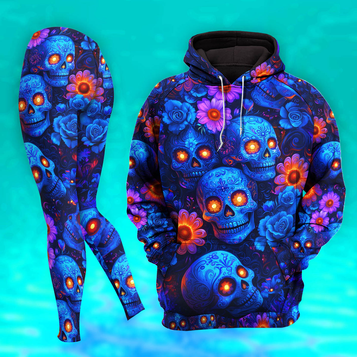 Women Hoodie and Leggings, Blue Skull Pattern Outwear Pants Outfit