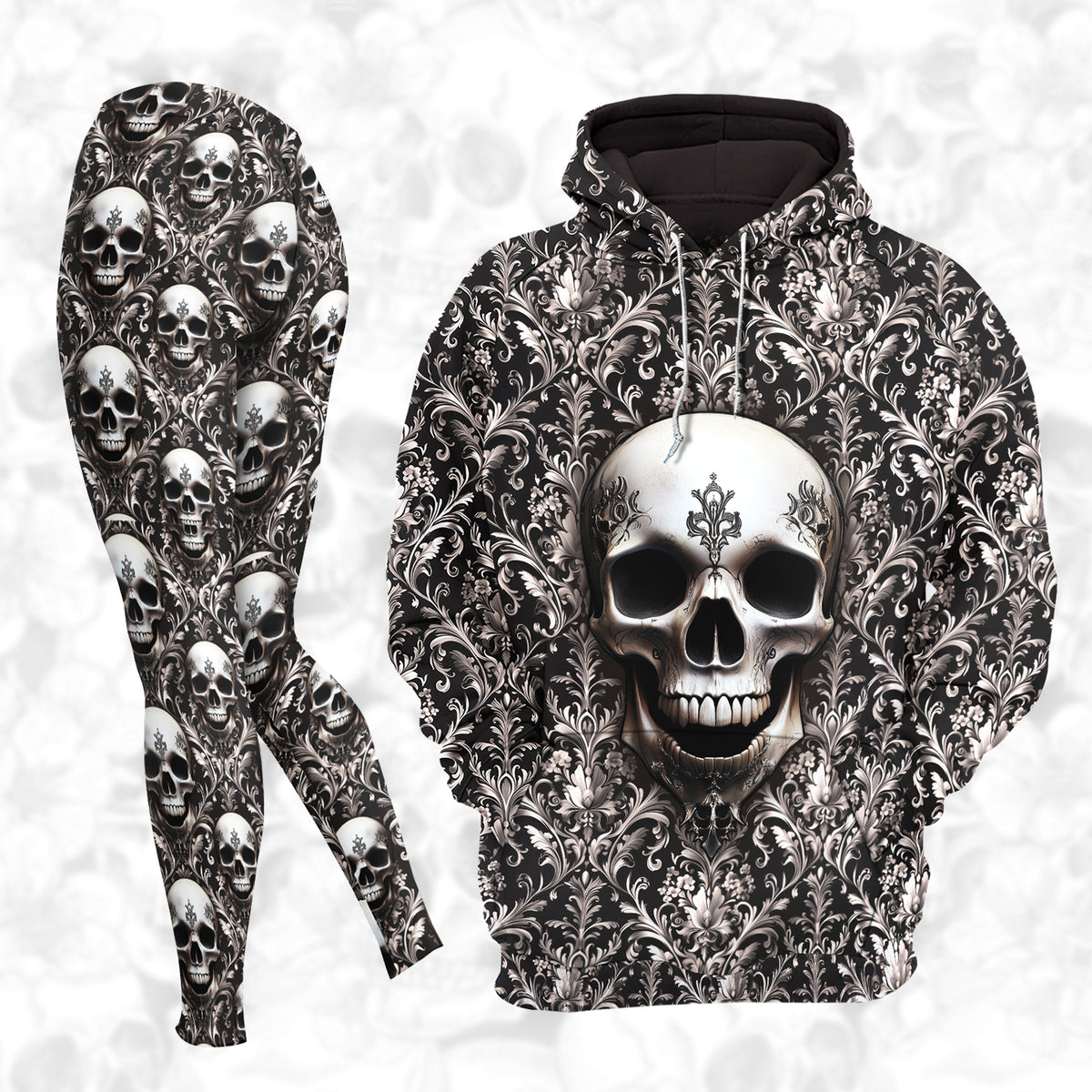 Women Hoodie and Leggings, Skull filigree Pattern Outwear Pants Outfit