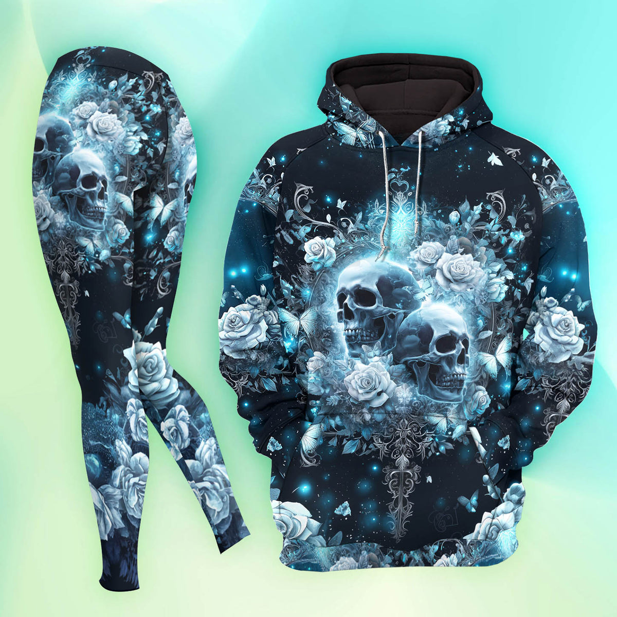 Women Hoodie and Leggings, Frozen Skull Butterfly Flower Outwear Pants Outfit