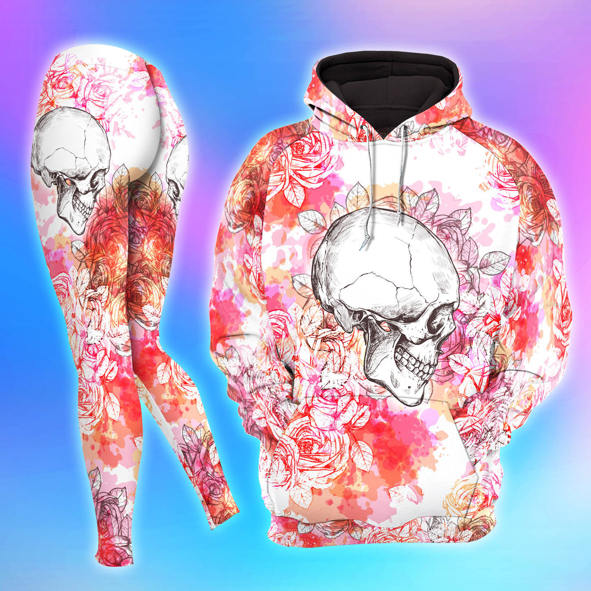Pink Watercolor Skull Rose Combo Hoodie and Leggings - Dark and edgy matching set with skull designs for a unique and stylish look