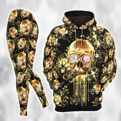 Women Hoodie and Leggings, Gold Skull Butterfly Floral Outwear Pants Outfit