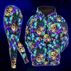 Women Hoodie and Leggings, Skull Butterfly Neon Outwear Pants Outfit