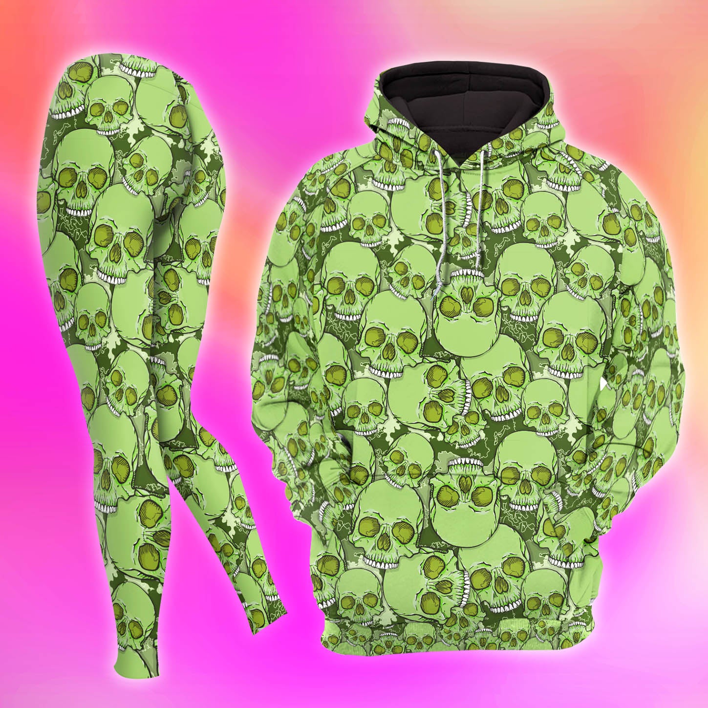 Green Camo Skull Pattern Combo Hoodie and Leggings - Dark and edgy matching set with skull designs for a unique and stylish look