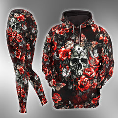 Red Rose Skull Butterfly Combo Hoodie and Leggings - Dark and edgy matching set with skull designs for a unique and stylish look