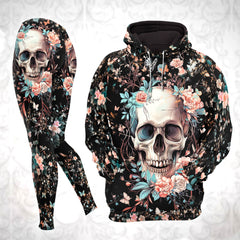 Pastel Skull Floral Vintage Combo Hoodie and Leggings - Dark and edgy matching set with skull designs for a unique and stylish look