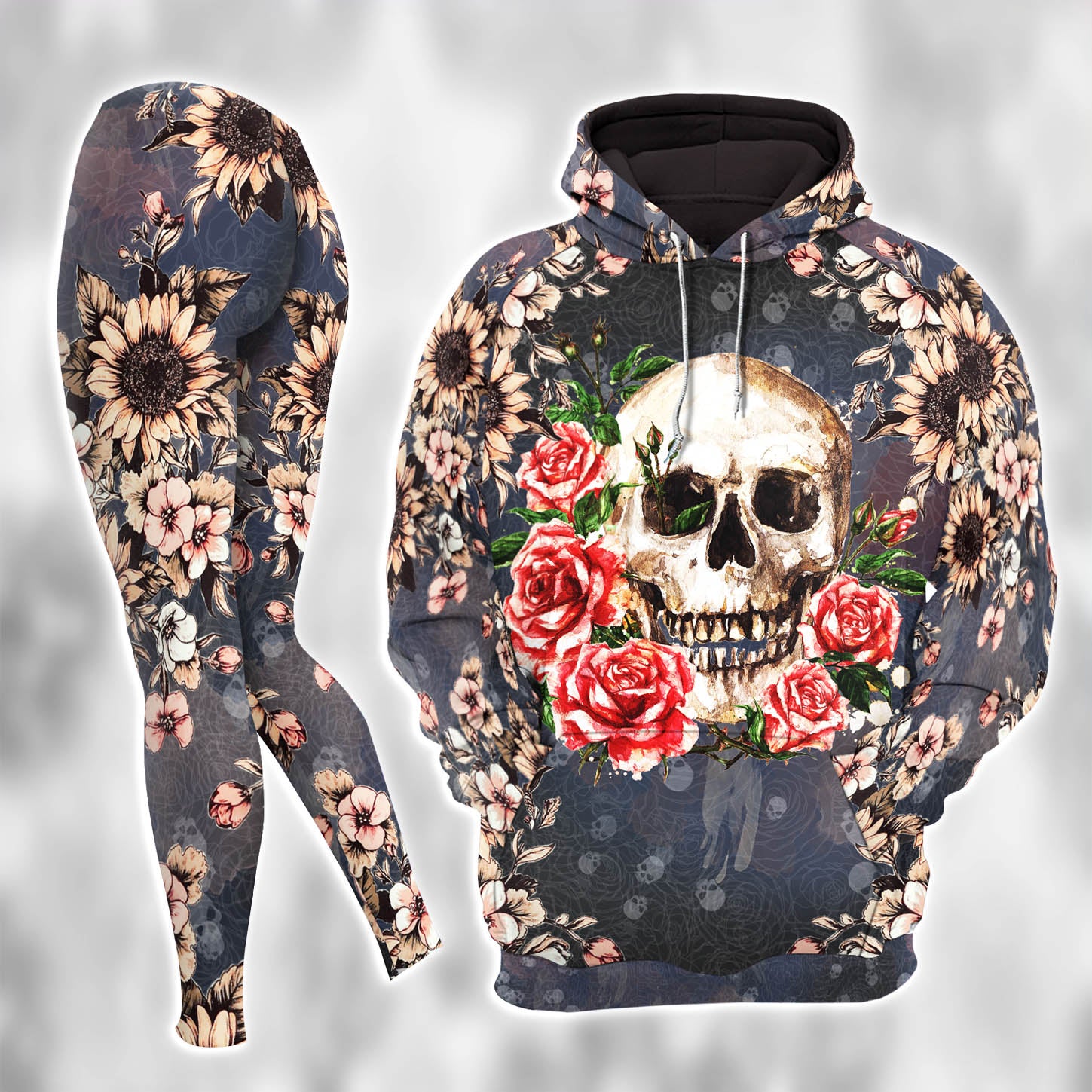 Retro Skull Flower Combo Hoodie and Leggings - Dark and edgy matching set with skull designs for a unique and stylish look