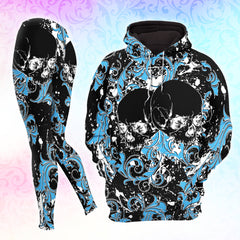 Blue Floral Skull Dark Combo Hoodie and Leggings - Dark and edgy matching set with skull designs for a unique and stylish look